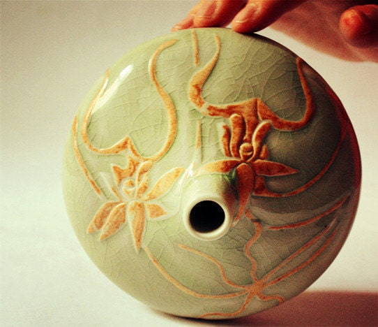 Vintage amazing extremely fine stoneware orchid patterns and Ru Kiln / celadon small mouth big belly vase