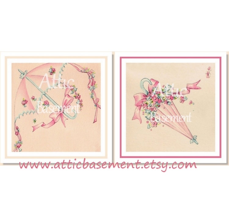 Buy gift tags and ecards - Pink Parasol Ribbon Flowers Coordinate Cards for Shower Baby Bridal DIGITAL Printable Download