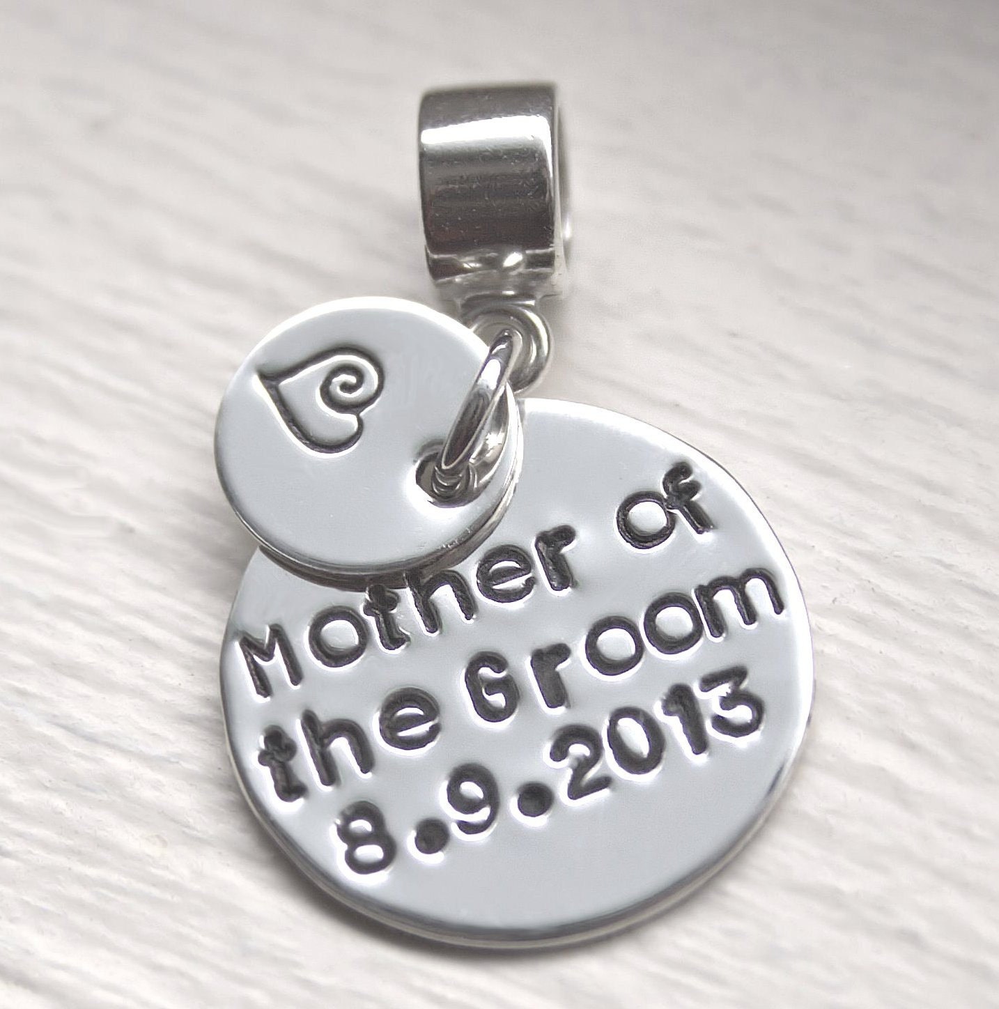 Mother of the Groom Gift Hand Stamped Personalized European Charm Sterling Silver Fits All Brands of Bracelets Wedding Bridal Jewelry