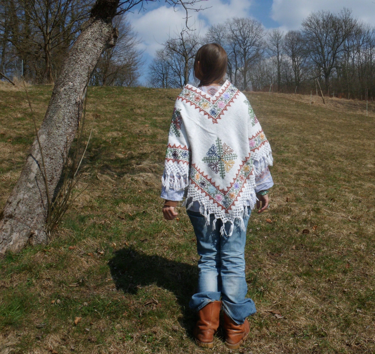 handmade hippie folk art  poncho SACRET DAWN mexico woven and floral  hand embroidered bohemian ethnic gypsy woodstock flower