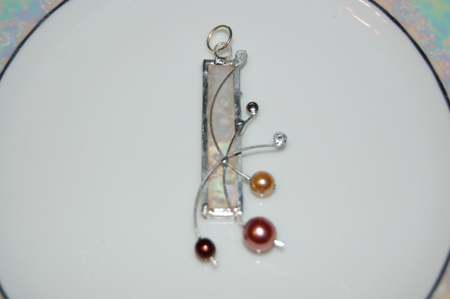 Iridescent Cream Rectangle Stained Glass Pendant,  Pearls, Womens accessories jewellery, unique, abstract