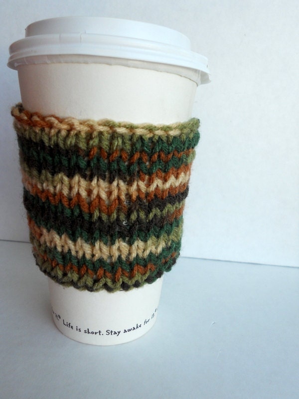 Hunting camo coffee cup cozy, camouflage coffee cozy for him, handmade coffee sweater sleeve