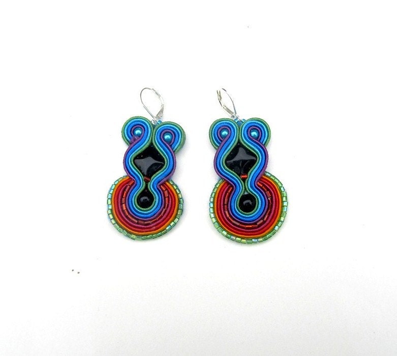 Colorful Soutache Earrings Blue Green Soutache Braid  Beads Glamour and Shiny Gift for Her Handmade Jewelry Colorful
