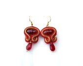 Red Soutache Earrings with Czech Beads Ruby Gold Soutache Braid Glamour and Shiny Style Gift For Her