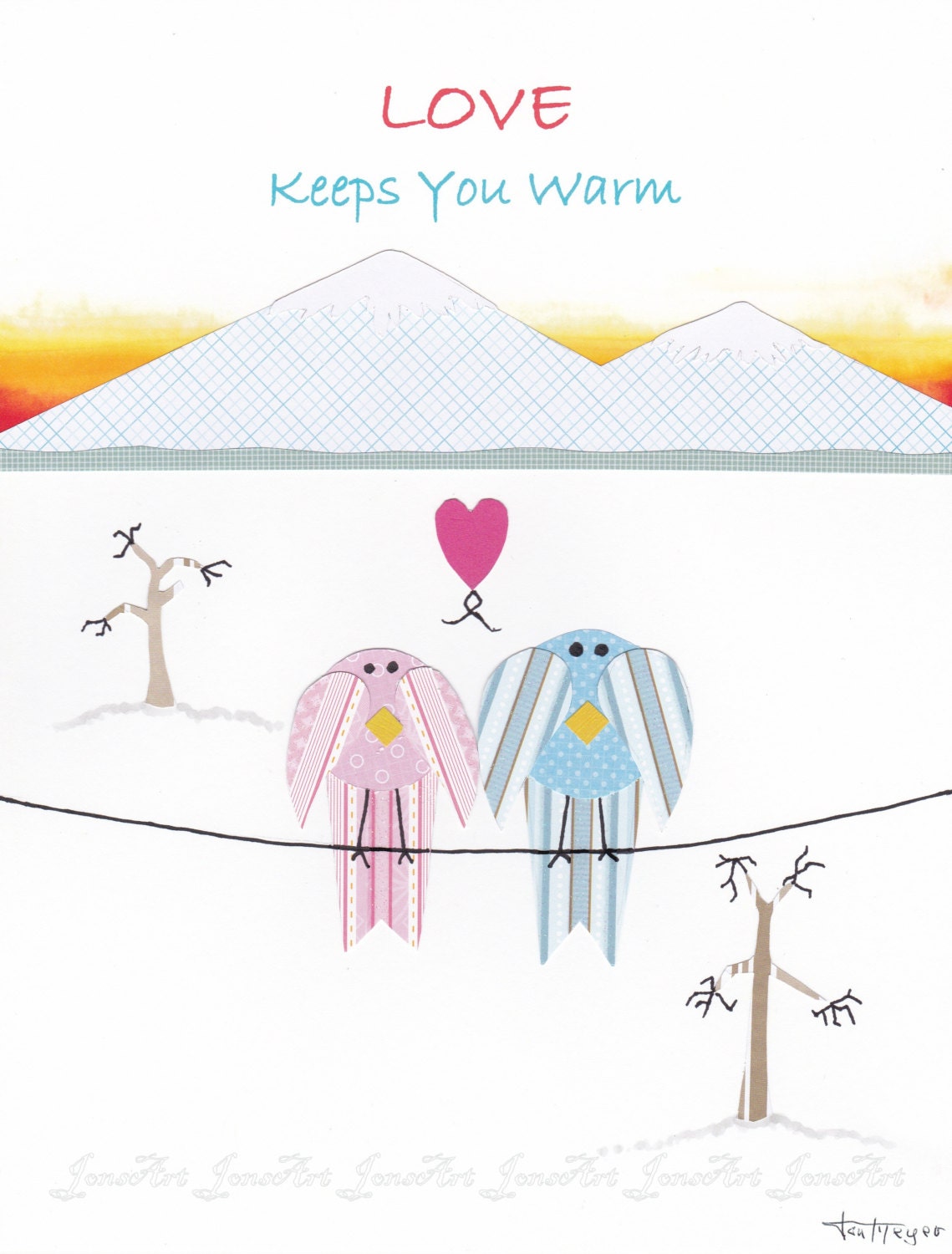 Children's Art Print, Wall Art, Home Decor, Bedroom, Love Keeps You Warm, Birds, Boy, Girl, Childrens Room, Green, Yellow, 8 x 10 Print