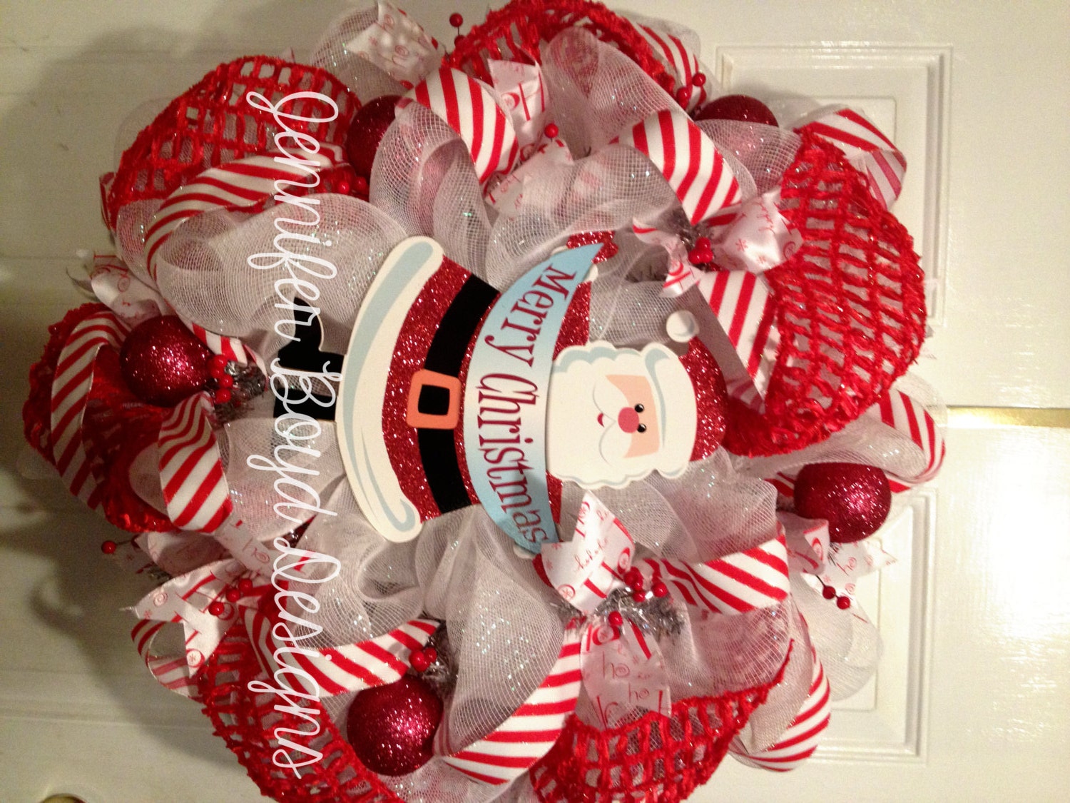 Merry Christmas Santa Clause Deco Mesh Wreath with Candy Cane Ribbon