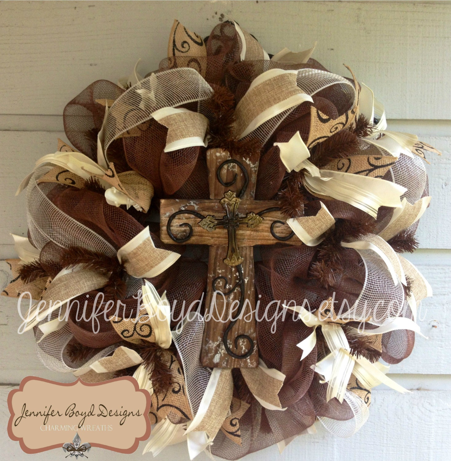 Rustic Western Cross and Scroll Print Everyday Deco Mesh Wreath with Burlap