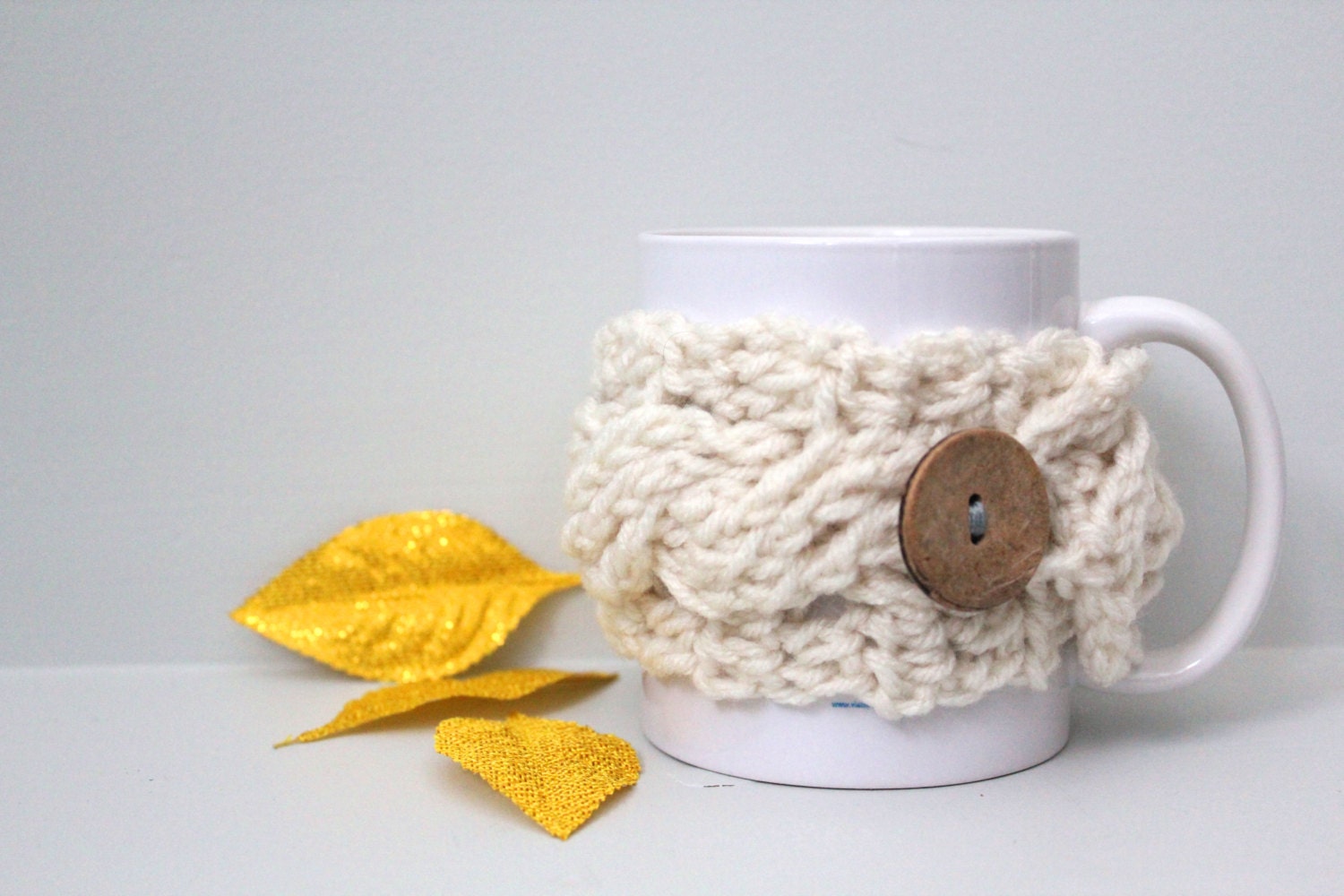White mug cozy, coffee cozy, coffee sleeve, tea cup cozy, cream cup cozy, crochet tea cozy, cup cosy white, wood button, coffee cup sleeve
