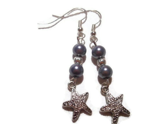 Seastar Dangle Earrings Silver and Blue Beach Jewelry, with Metal Beads, Acrylic Beads, Nickel Free, for Teen Girls, Women
