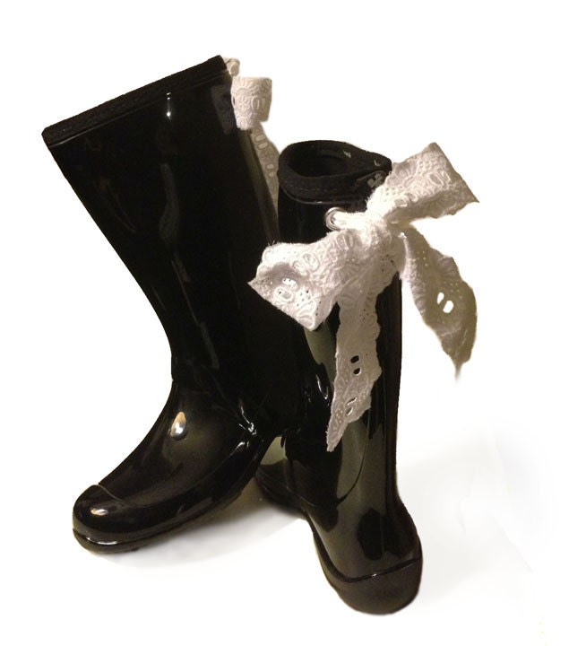 Black Rain Boots with White Lace Bow