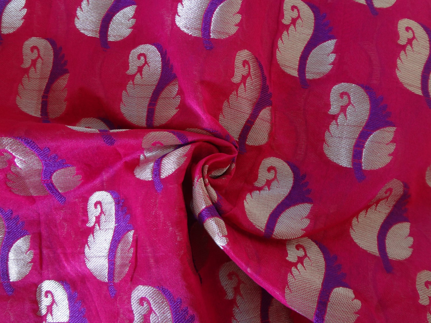 magenta silver zari leaves chanderi cotton silk fabric fat quarter india
