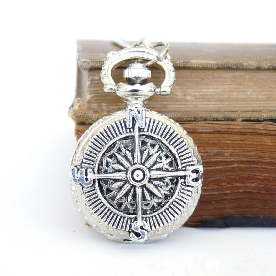 Compass Pocket Watch Locket Necklace - Silver Jewelry - Gift Present