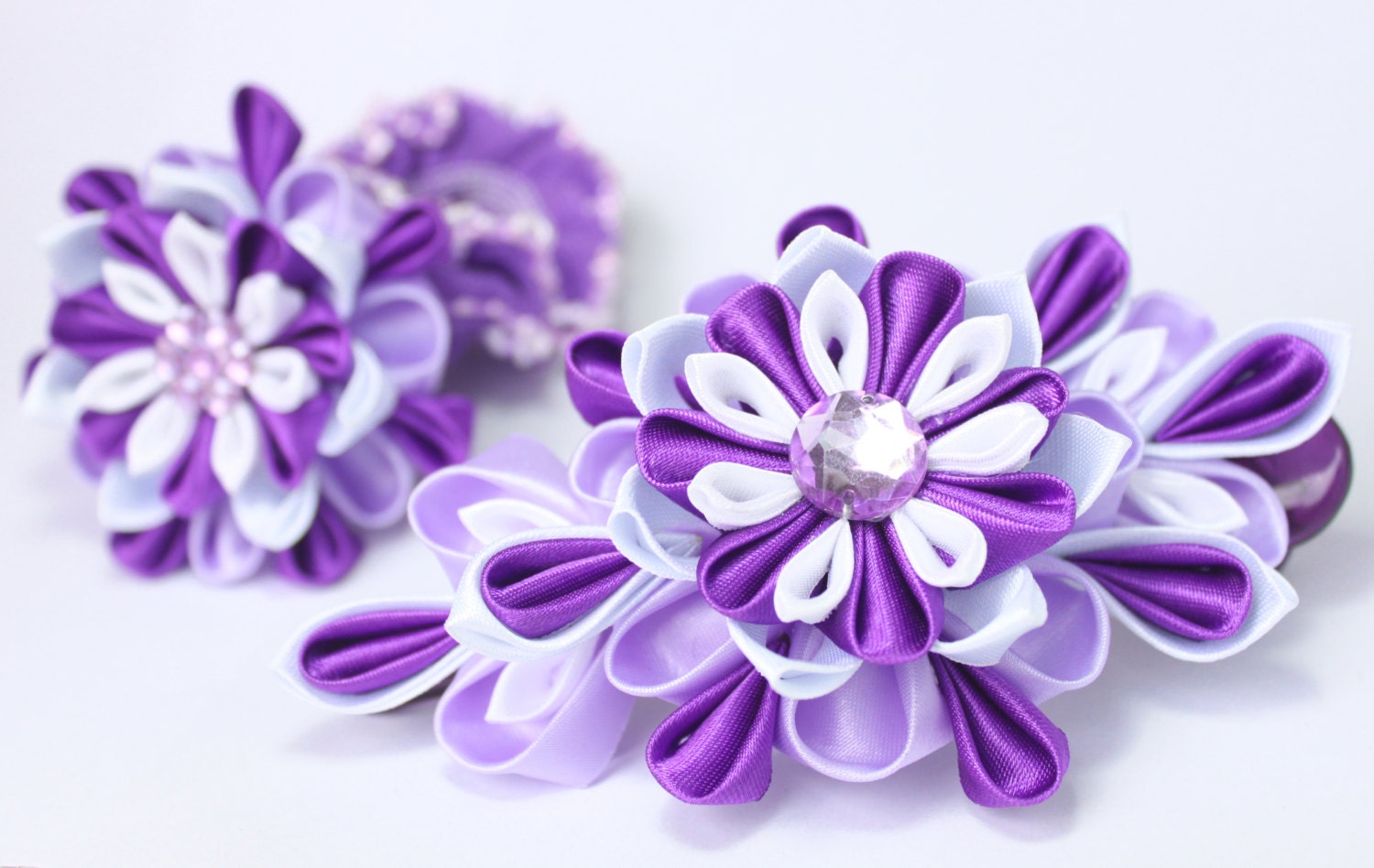 FREE SHIPPING. Set of 2 pieces. Violet. Kanzashi fabric flowers. Hair accessories. Clip. Scrunshie