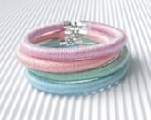 SALE to 20% Light Blue Mint Peachy Pink Rosy Cotton Thread Bracelets Set, Friendship Thin Yarn Bracelet, Fiber Wrap Bangle Bracelets