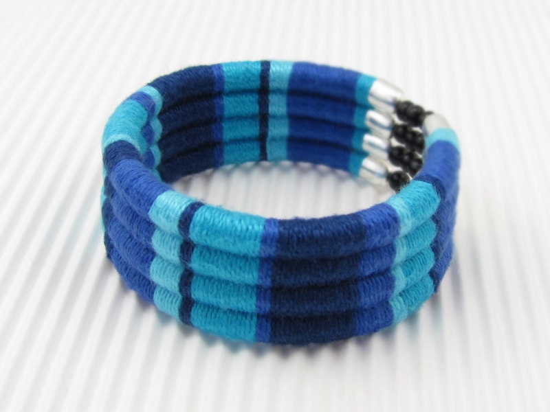 Navy Royal Blue Yarn Wrap Bracelet, Dark Blue Azure Thread Bracelet, Fiber Wrapped Bangle Bracelet, Textile Cotton Bracelet