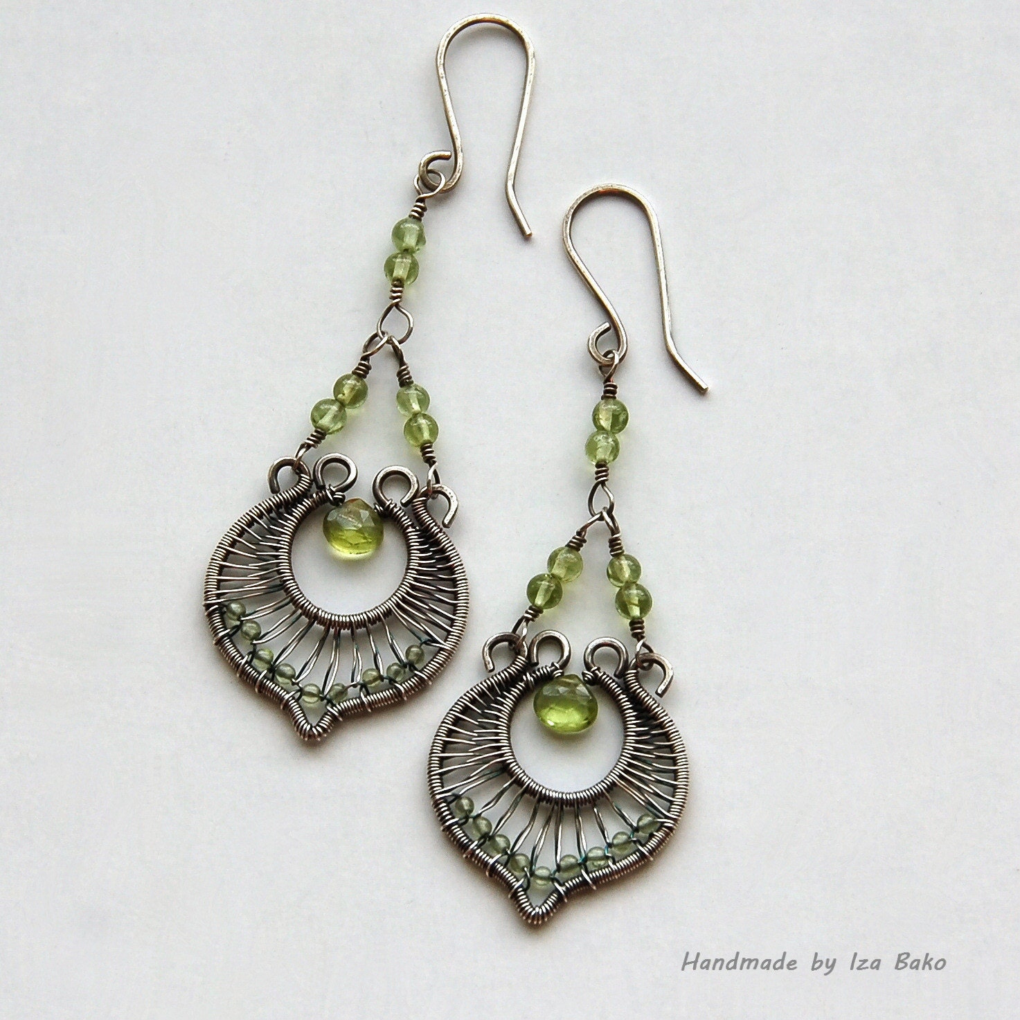 Handmade, Elegant, Original, Wire Wrapped Sterling Silver Chandelier Earrings with Peridot Gemstones