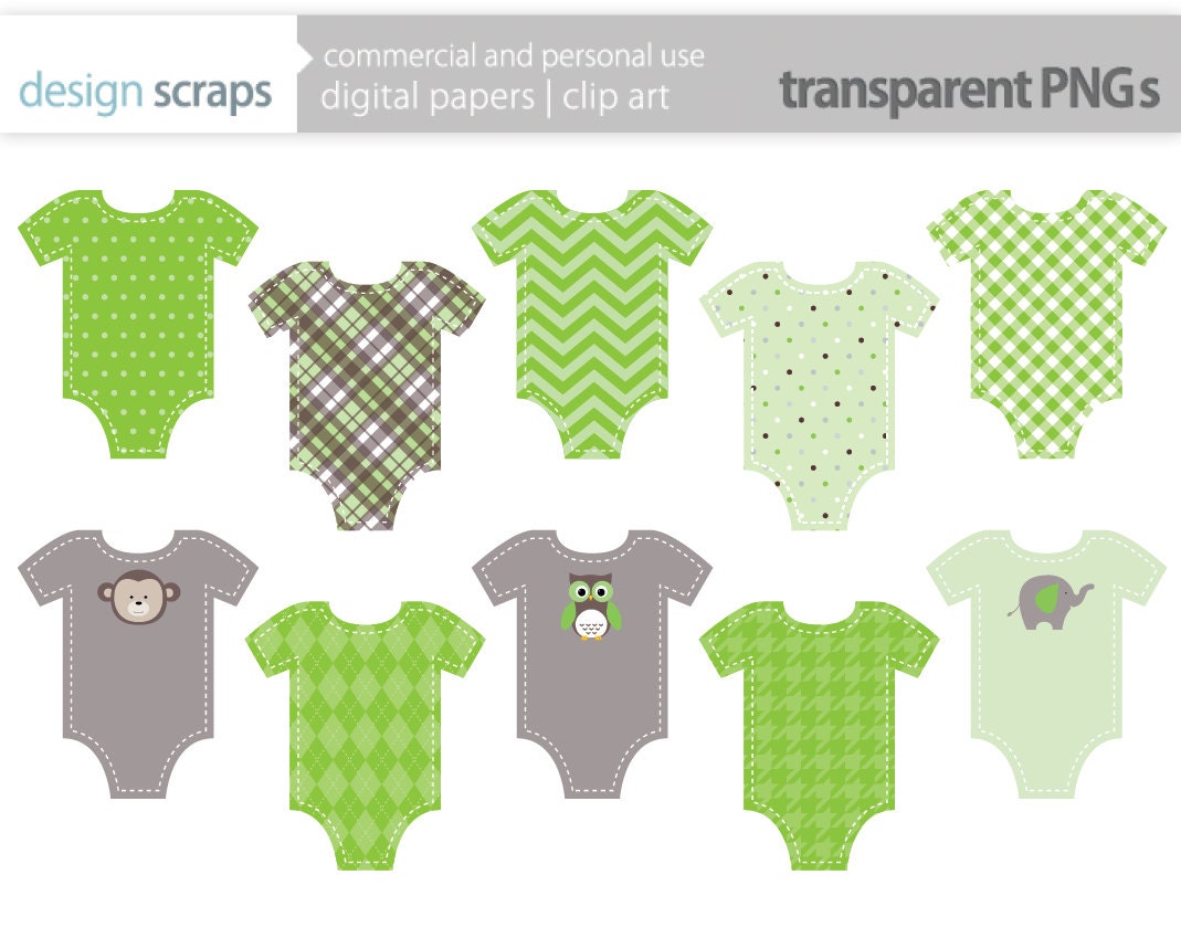 baby onesie clip art graphics, green onesies digital clipart commercial use - green brown baby onesies clip art - INSTANT DOWNLOAD
