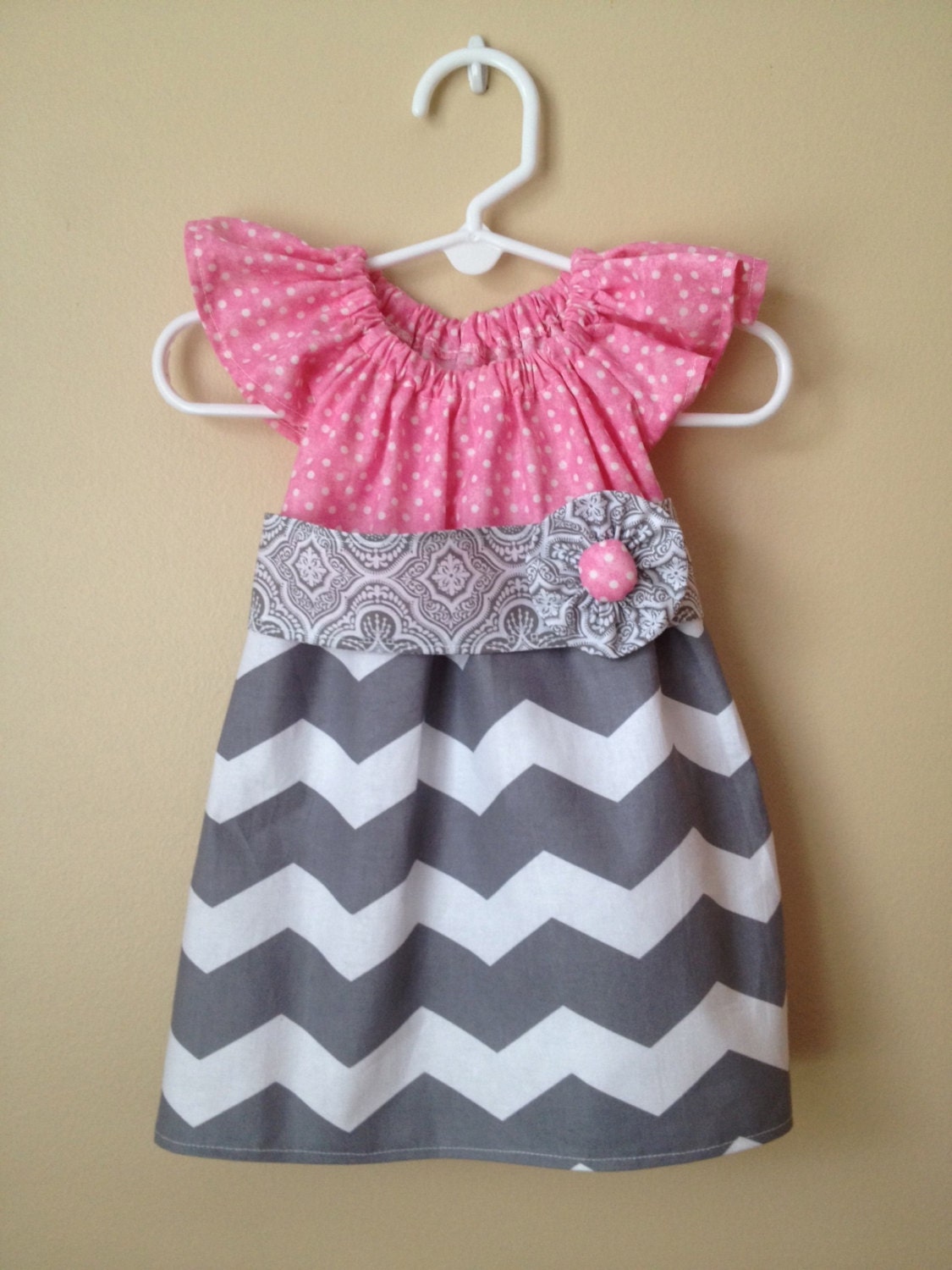 Baby Girl Pink Polkadot and Gray Chevron Ruffle Sleeve Dress with Matching Sash- 0 to 3 months - 6M - 12M - 18M - 2T - 3T - 4T