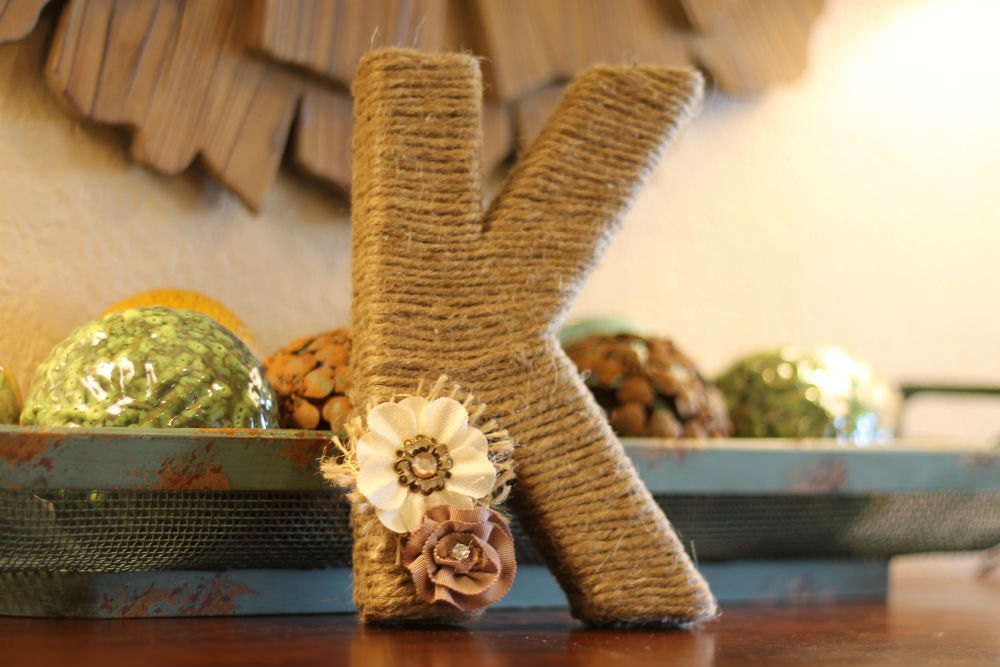 Personalized Jute Letter with Floral & Burlap Accents - Monogram Twine Wrapped Wreath - Initial Rustic Home Decor