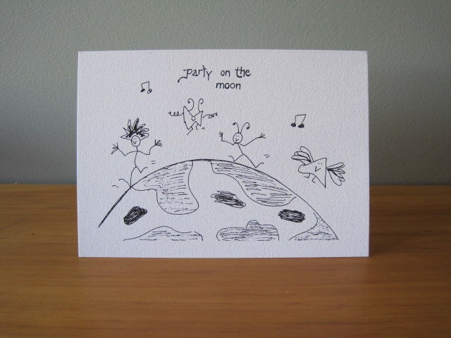 Party on the moon gift card for birthdays, children, celebration, birthday party invite, stick figures and quirky doodles
