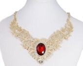 Fashion Ruby Oval Rhinestone Necklace Pendant, Gold Tone Statement Necklace, Swarovski Crystal Necklace Chain, Party Jewelry-129630642