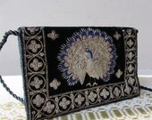 Handmade Vintage Embroidered Gold  Peacock Bag  Black Velvet  Evening Clutch Bag Purse,Ladies Evening Bag