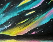 Northern Lights Night Sky Lake Original Aceo Miniature Painting Landscape by Fay Fecteau