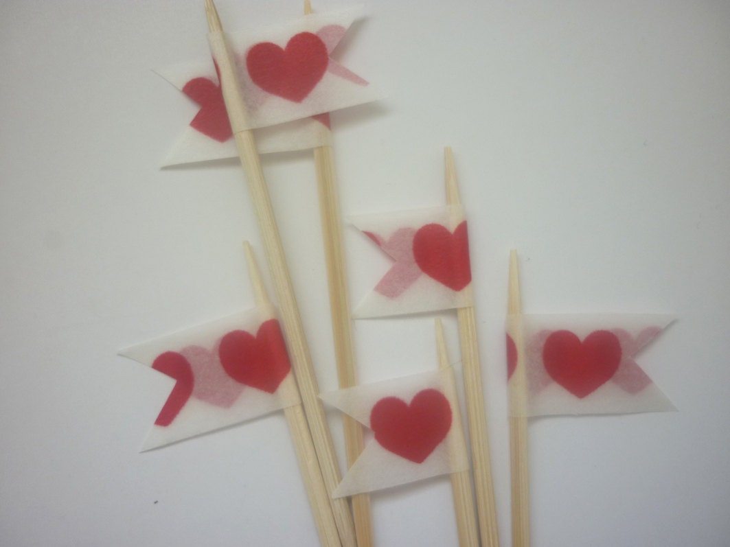 Set of 12 Red love heart style cupcake or cake toppers