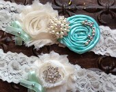 Something Blue Wedding Garter, Tiffany Blue Wedding, Lace Garter, Tiffany Blue Garter, Ivory Lace Garter, Rhinestone Pearl Wedding Garter