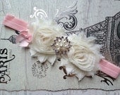 Ivory Flower Girl Headband, Ivory Pink Flower Girl Hair Accessory, Ivory Flower Girl Head Piece, Ivory Baby Wedding Headband, Head Wreath