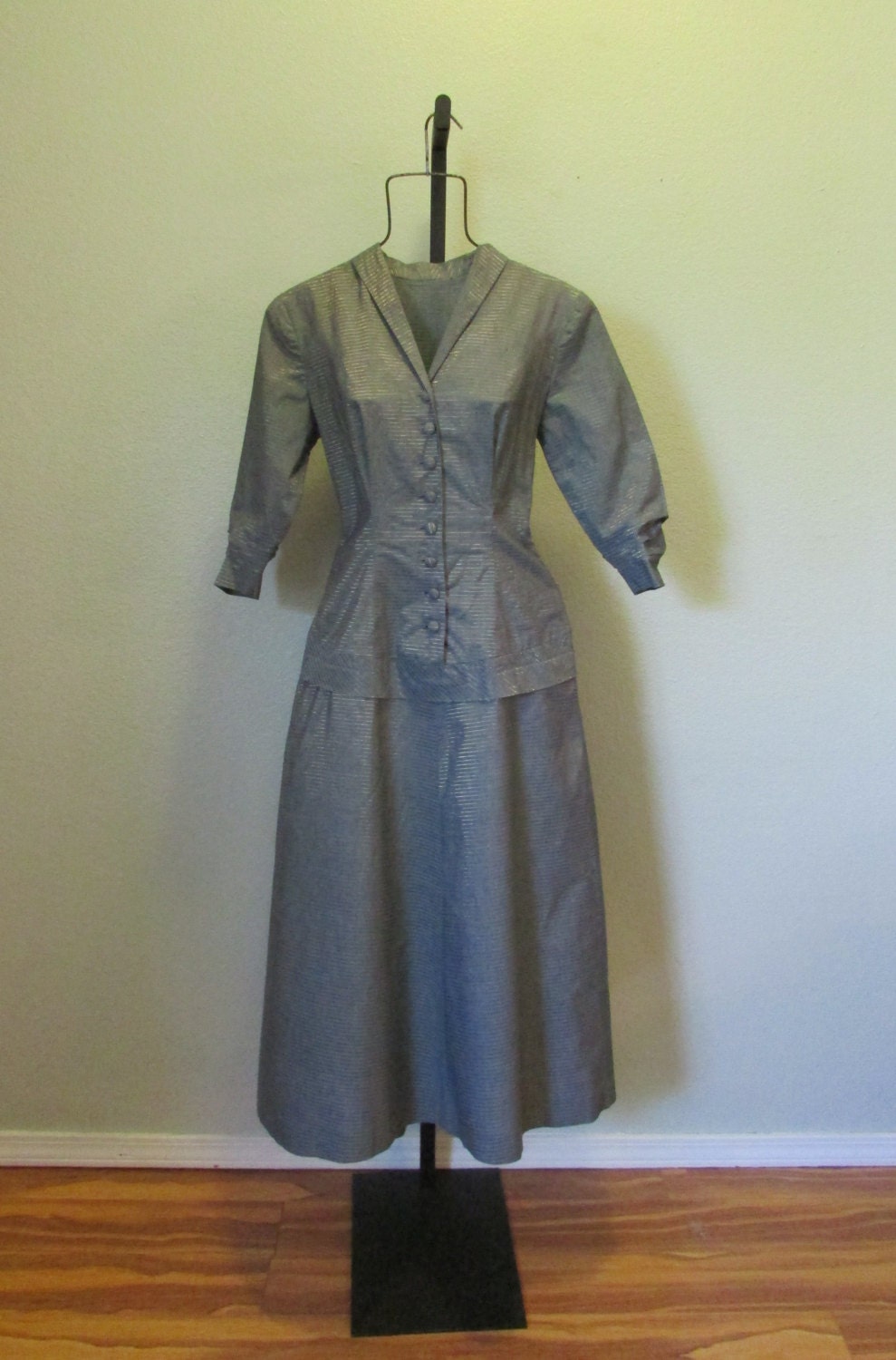 1950s Handmade Dress Gray Blue 3/4 sleeves Bustle Bow Lucy  New Look 50s XS
