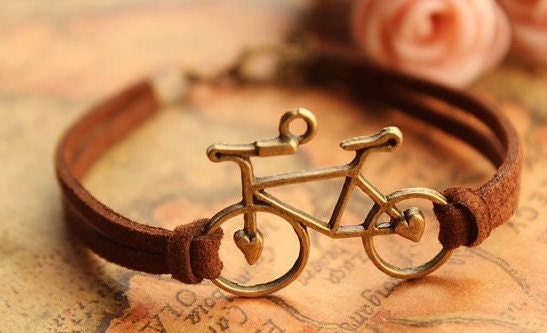 bike bracelet,retro bronze love bike alloy bracelet,brown wax rope chain bracelet