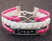Dream Bracelet Infinity Wish Bracelet Charm Silver Pink Wax Cords White Imitation Leather Braided Bracelet-Personalized Friendship Jewelry