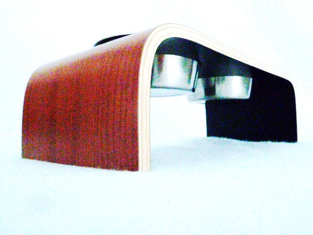 Small Designer Raised Pet Dog Cat Bowl Holder -  Square Design Cherrywood