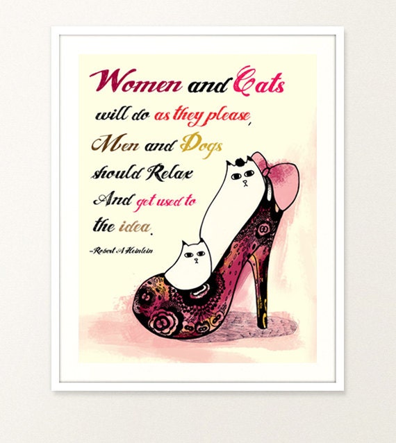Illustration Typography Poster Digital Print Women Quote Drawing Pen and Ink Vintage Cute Cat  High heeled Shoe Home Decoration Special