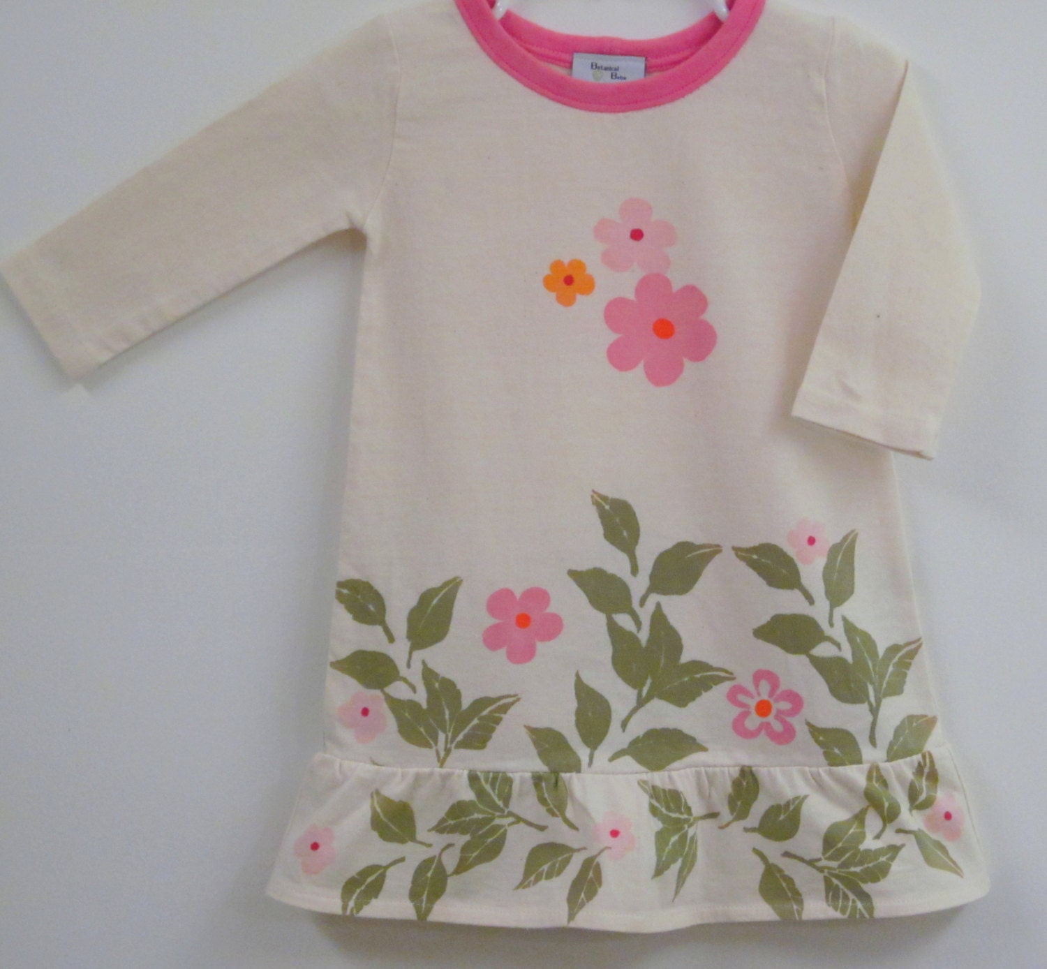 T2 Ruffled Dress for Little Girls,  Organic Cotton Jersey Knit. Long Sleeve. Pink Flower Bouquet