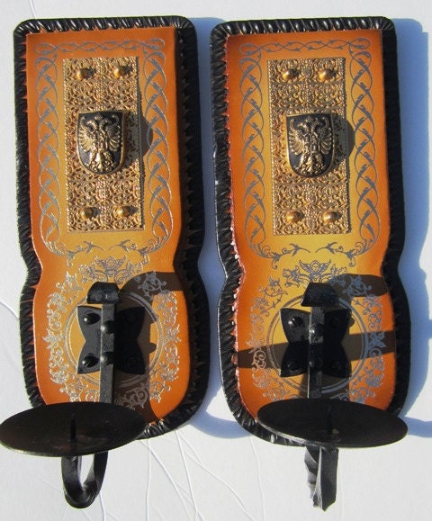 Set of Two 2 Goth Renaissance Medieval Leather and Iron Wall Sconces Candle Holders Wall Hanging Wallhanging Decor