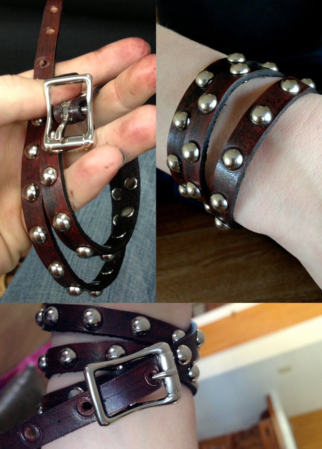 Vintage Mahogany Red Triple Wrap Cuff/Bracelet Domed Rivets