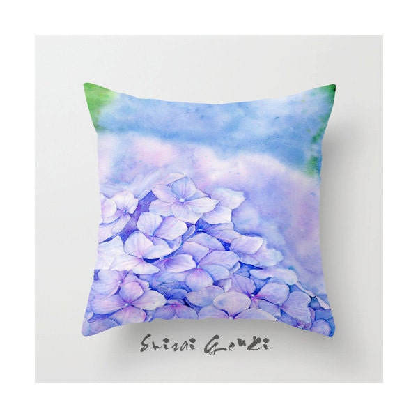 Hydrangea, Purple, Blue, Pink Flowers, Green, Summer, Wedding, Watercolor Painting, 16x16 , 18x18, Pillow Cover by Suisai Genki