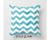 Ocean Chevron, Blue tone, Ocean Blue Tone, 16x16, 18x18 Pillow Cover, Watercolor painting by Suisai Genki, Turquoise Blue, Marine Blue, Blue