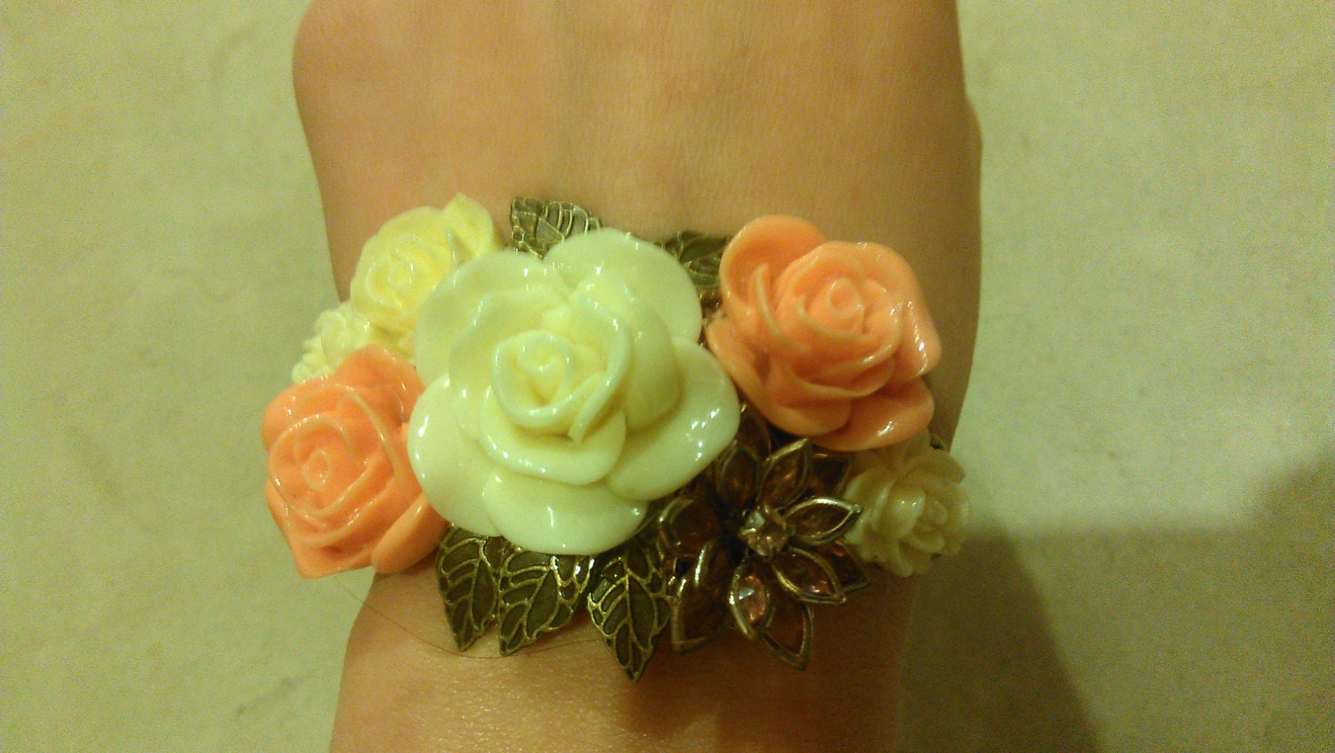 Cream, Ivory, Coral/Peach Flower collage cuff bracelet