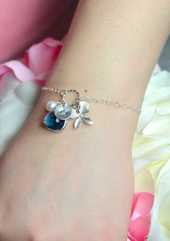 Bridesmaid Jewelry Wedding Bridal-Bridesmaid gifts,pearl ,initial leaf ,stone bezel ,sapphire blue ,personalized NECKLACE ,monogrammed gifts