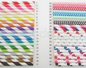 100 Paper Straws - Pick Your Colors - Mix and Match - Eco-Friendly Biodegradable Paper Straws - Striped Polka Dot Chevron Star