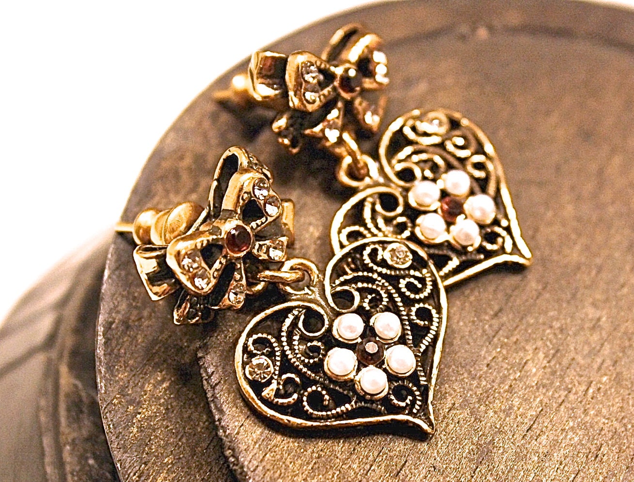 Bow and Heart Dangle Earrings adorned with Garnets, Swarovski Crytals, Fresh Water Pearl