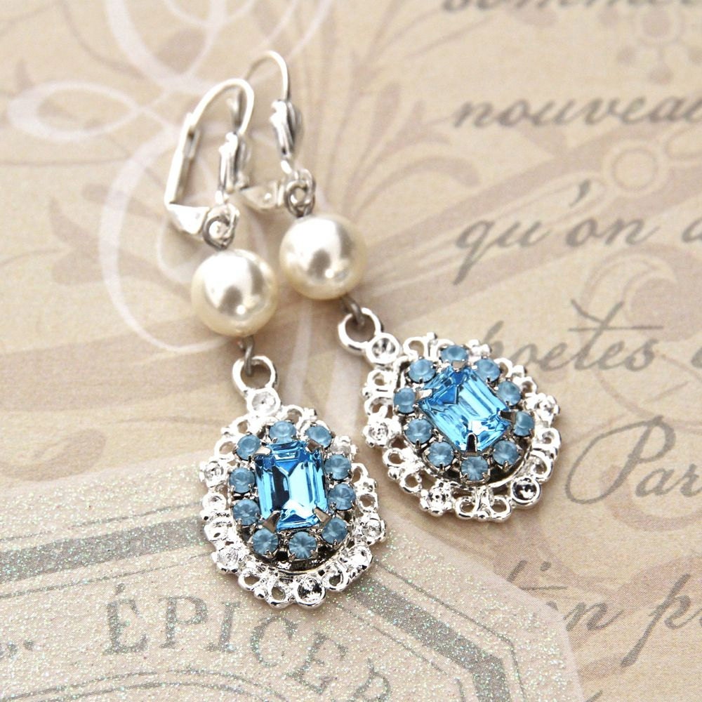 Pearl Bridal Earrings Vintage Style Wedding Jewelry Swarovski Crystal Earrings Blue Rhinestone Bridesmaid Earrings LOVELY