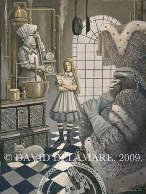 Alice in the Kitchen (Unframed Signed 18"x24" Giclée Print) Art  by David Delamare (Alice in Wonderland by Lewis Carroll)