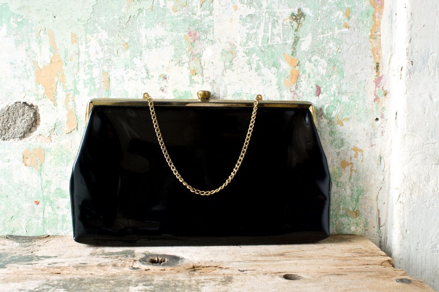 Vintage Black Patent Leather Purse, Mid Mod Mad Men Black Handbag, After Five Shiny Black and Gold Purse, Made in USA