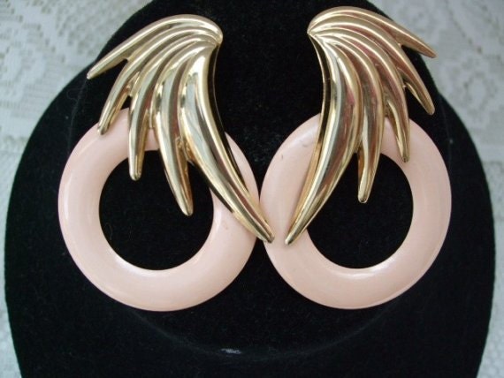 Vintage 1980s Earrings Clip Ons Circle Wings Pink Peach