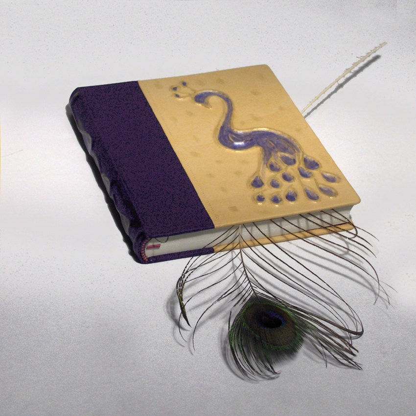 Hand bounded book, journal, diary, memory book, secret diary with yellow and blue leather cover, embossing, hand painted, peacock motif