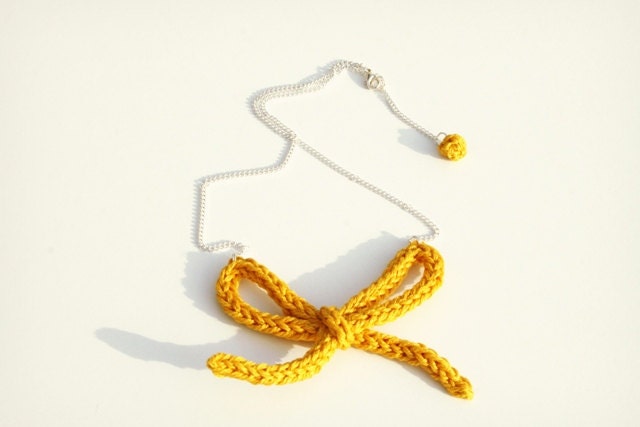 Bow Necklace - Mustard Yellow Cotton Knit - Nickel Free